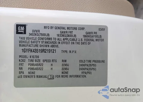 2009 Cadillac Escalade Hybrid Standard from USA, damaged, VIN 1GYFK43519R219121